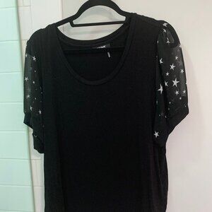 DKNY Black Tee with Star Sheer Sleeves Large